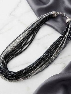Elegant Multi-Strand Seed Bead Necklace - Black & Silver Tone cns